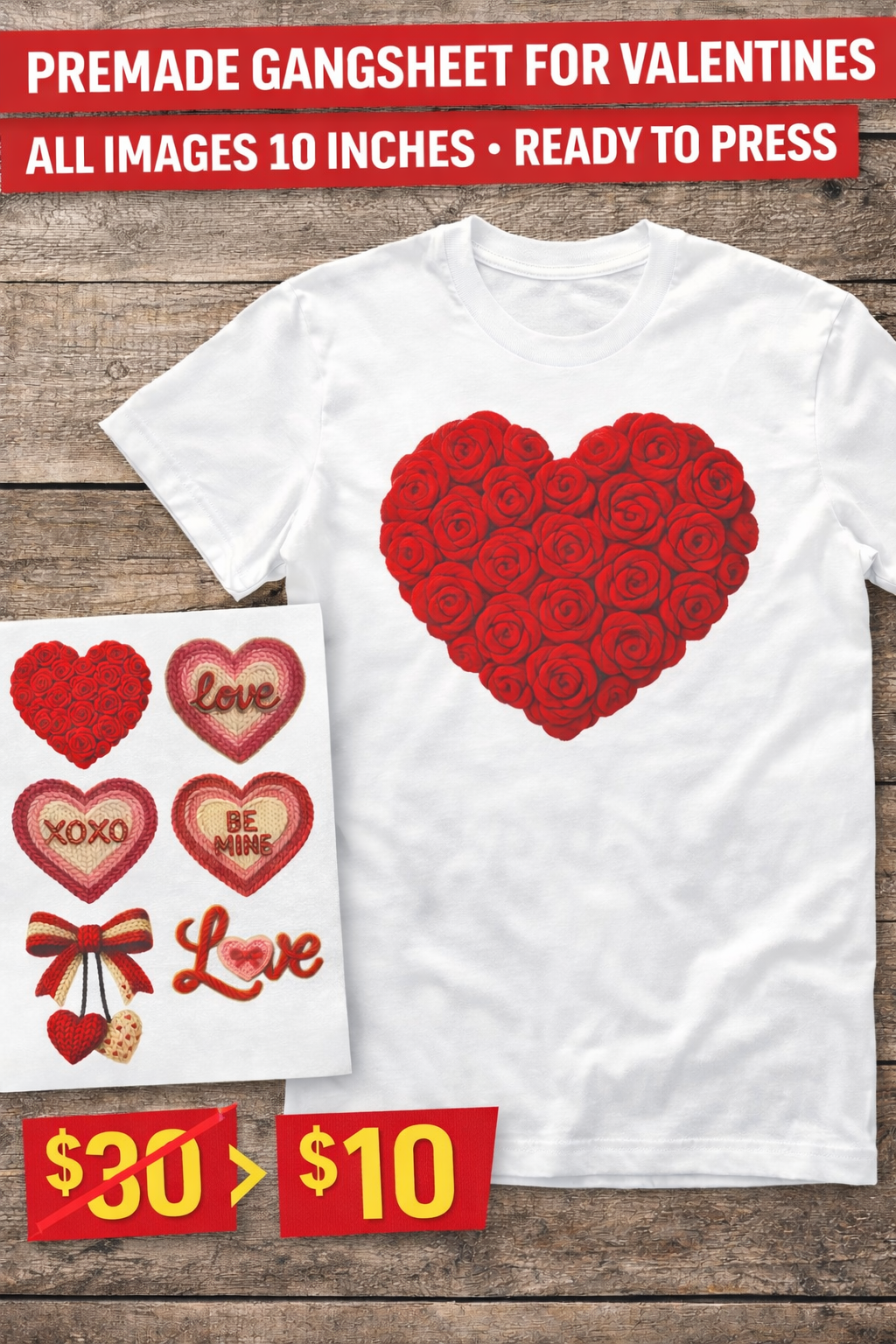 Latch Hook Yarn Crochet Valentines Day Heart premade gang sheet DTF Transfer -DTF1001