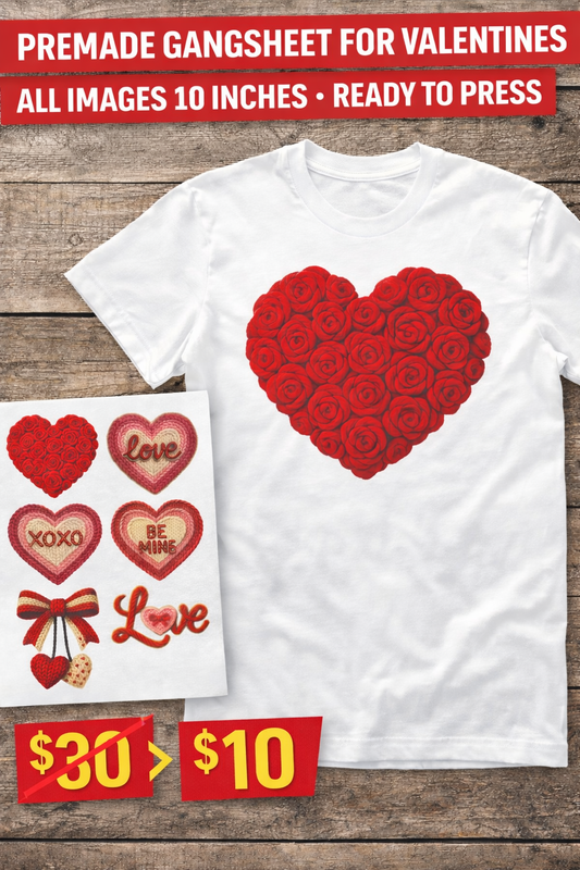 Latch Hook Yarn Crochet Valentines Day Heart premade gang sheet DTF Transfer -DTF1001